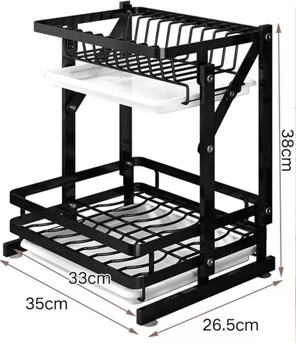 TammaT - Afdruiprek Met Lekbak 2 Laags – Inklapbaar - Afwasrek – Met 2 Lekbakken – Extra Accessories Voor Servies En Snijplanken - RVS - 38x35x26,5cm - Afbeelding 2
