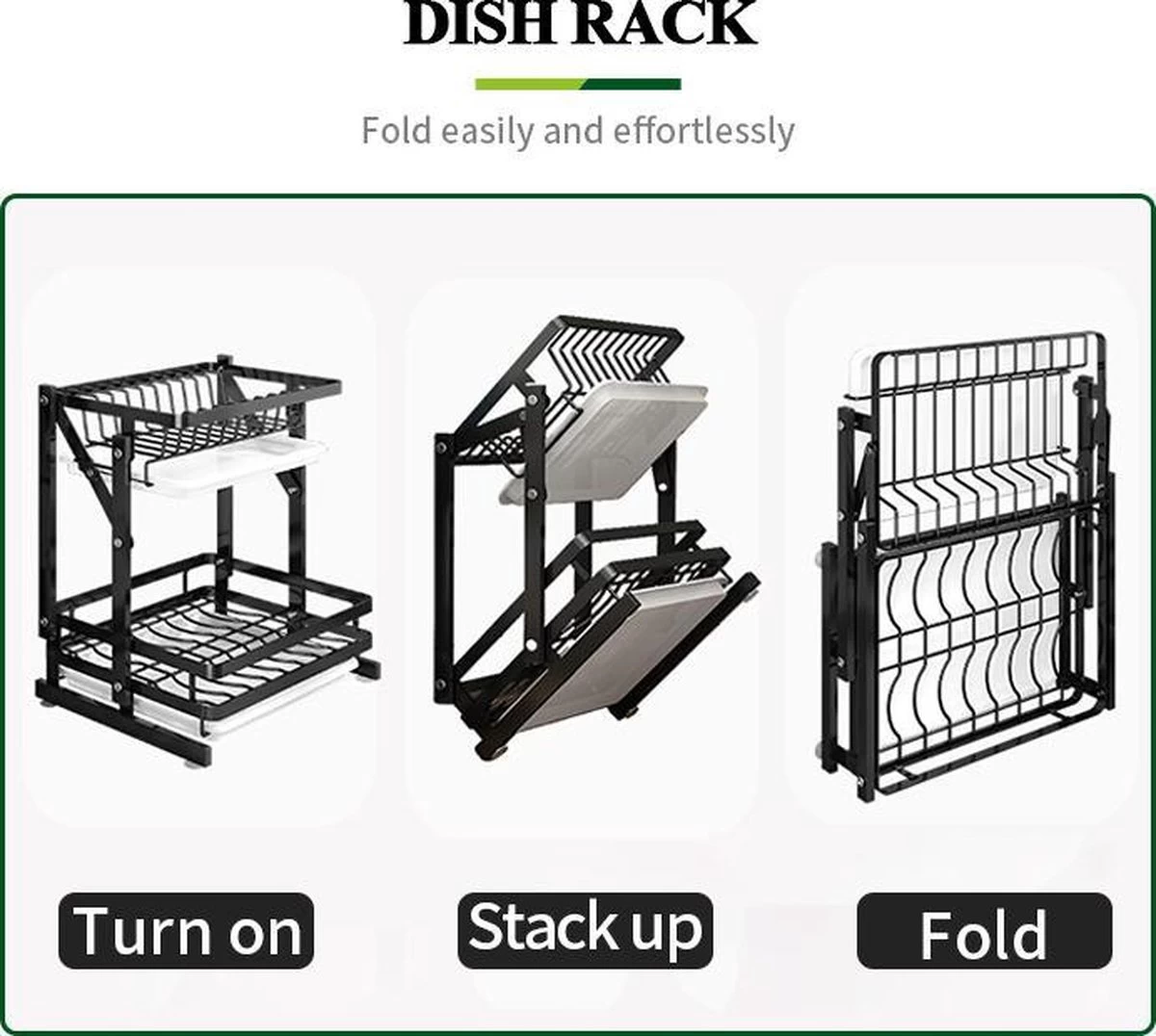 TammaT - Afdruiprek Met Lekbak 2 Laags – Inklapbaar - Afwasrek – Met 2 Lekbakken – Extra Accessories Voor Servies En Snijplanken - RVS - 38x35x26,5cm - Afbeelding 10