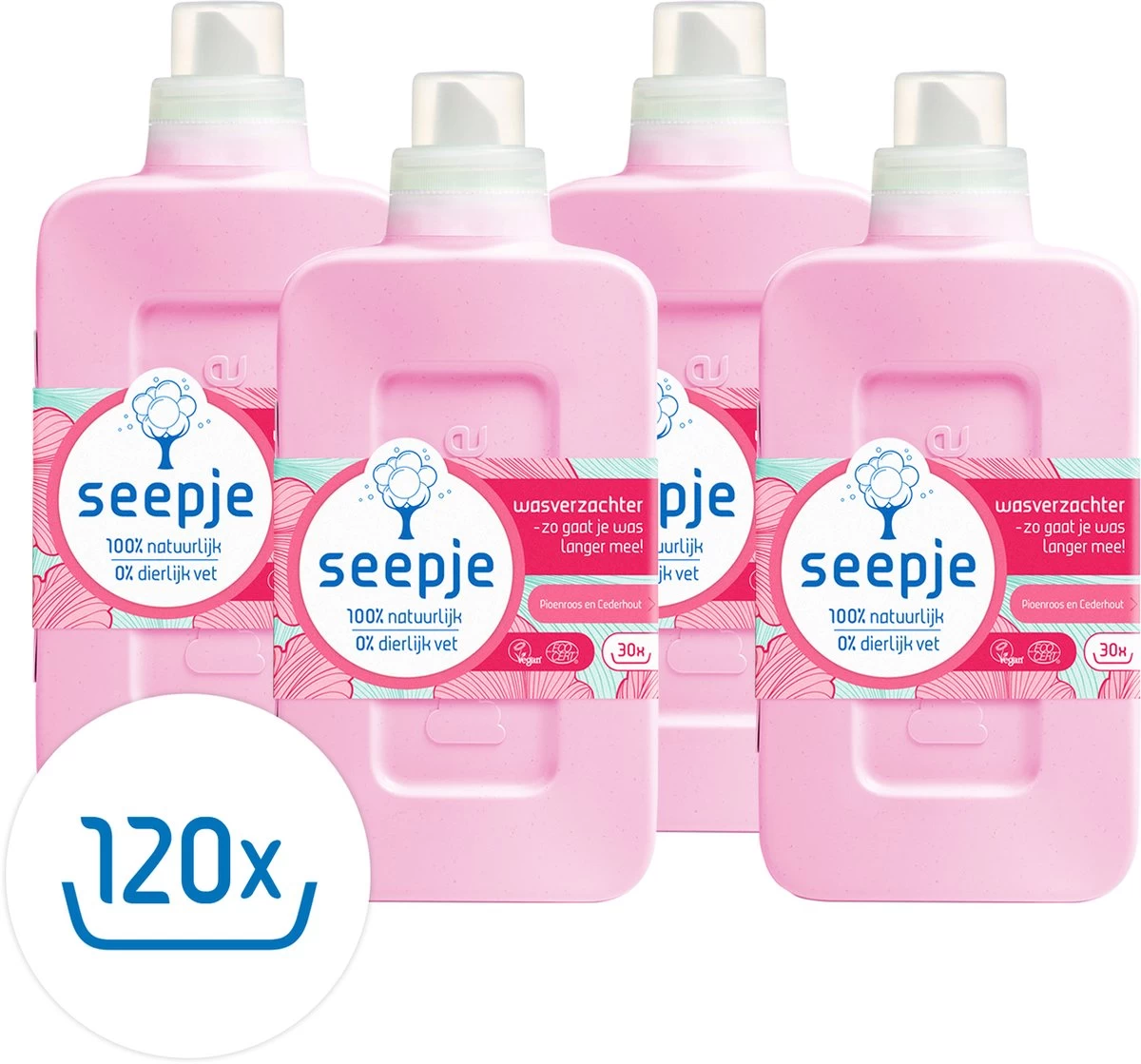 Seepje Wasverzachter - Pioenroos En Cederhout – Natuurlijke Ingredienten - 4 X 30 Wasbeurten - 4 X 750ML
