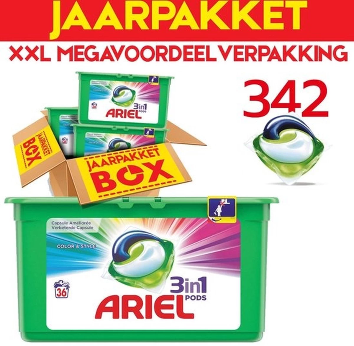 Ariel Colour & Style 3in1 Pods - Jaarbox 342 Wasbeurten - Wasmiddel Capsules - Jaar Megavoordeelverpakking | 342 Wasbeurten Color | Voor Alle Soorten Was