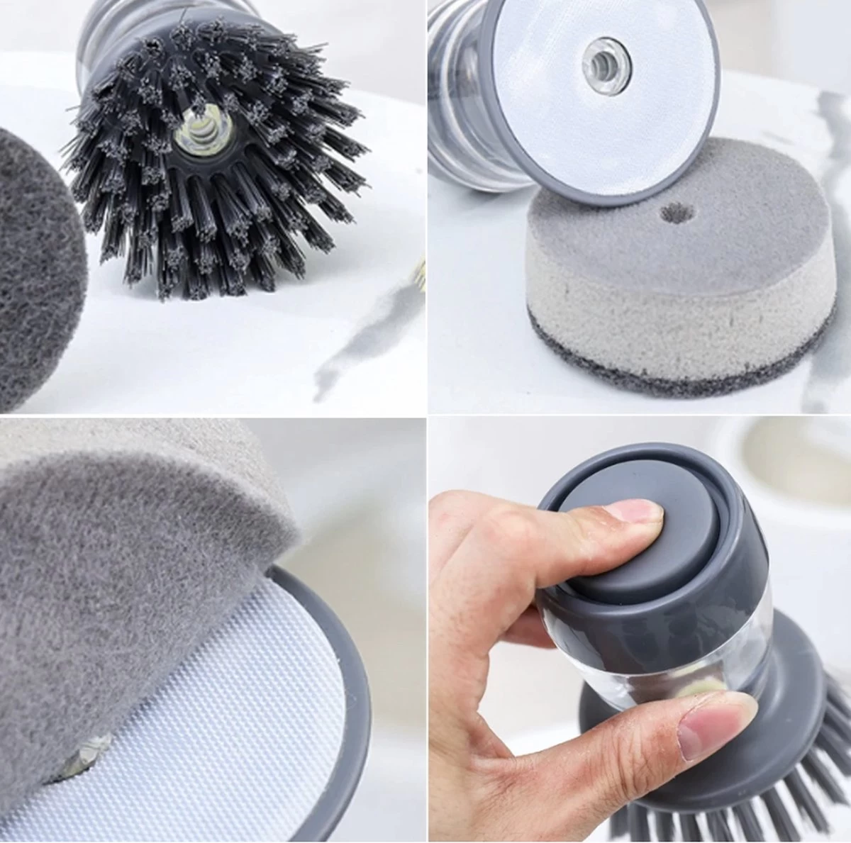 Afwasborstel Met Zeepdispenser – Met 3 Verschillende Opzet Stukken – Inclusief Houder – Grijs – Afwas Borstel Zeepreservoir – Zeep Handborstel – Doseerpomp – Afwasmiddel Dispenser – Navulbaar - Afbeelding 3