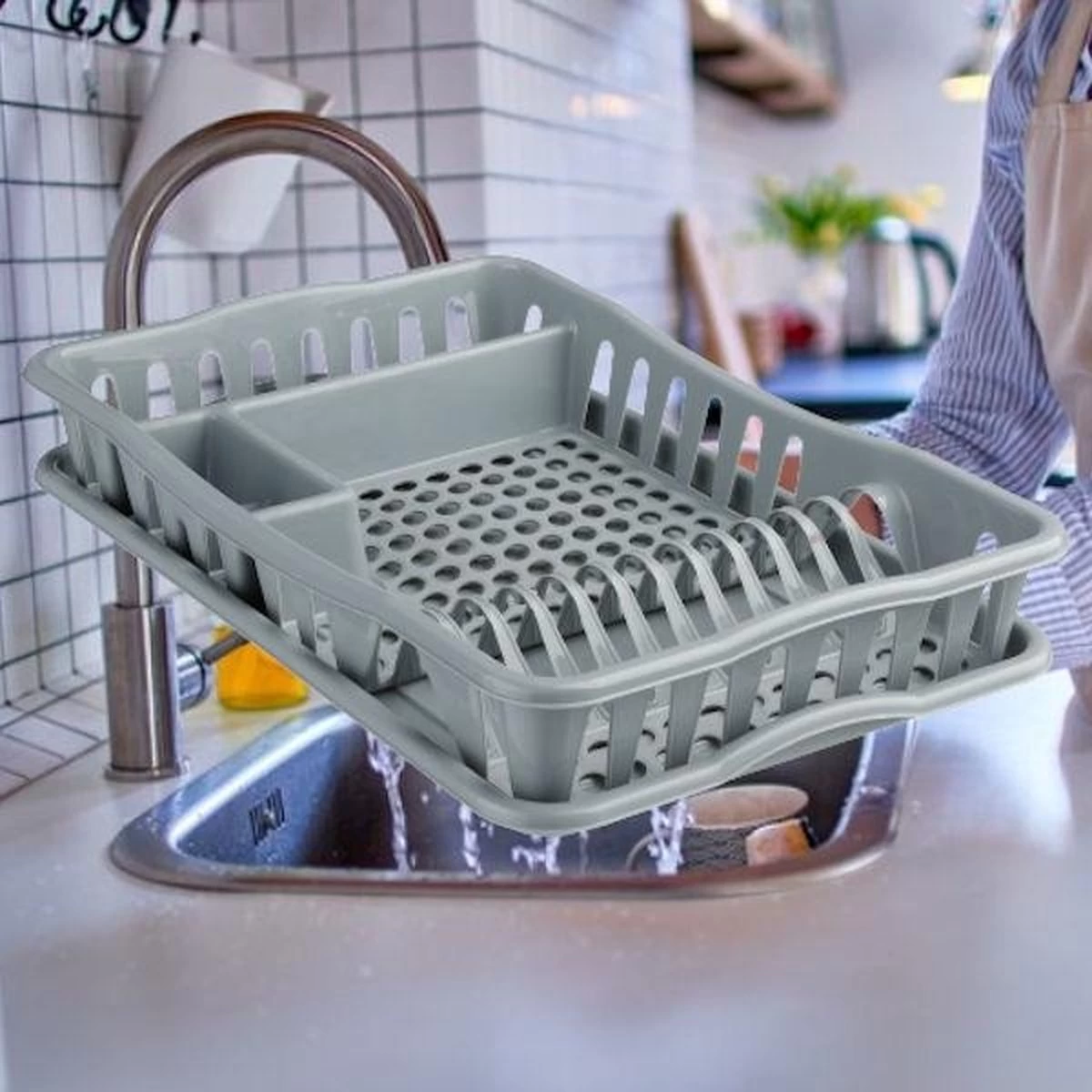 Merkloos Decopatent® Afdruiprek Voor Afwas - Afdruiprekje Met Lekbak - Kunststof Afdruipmat - Afwassen Borden & Bestek - 32.5x49x9 - Grijs - Afbeelding 8