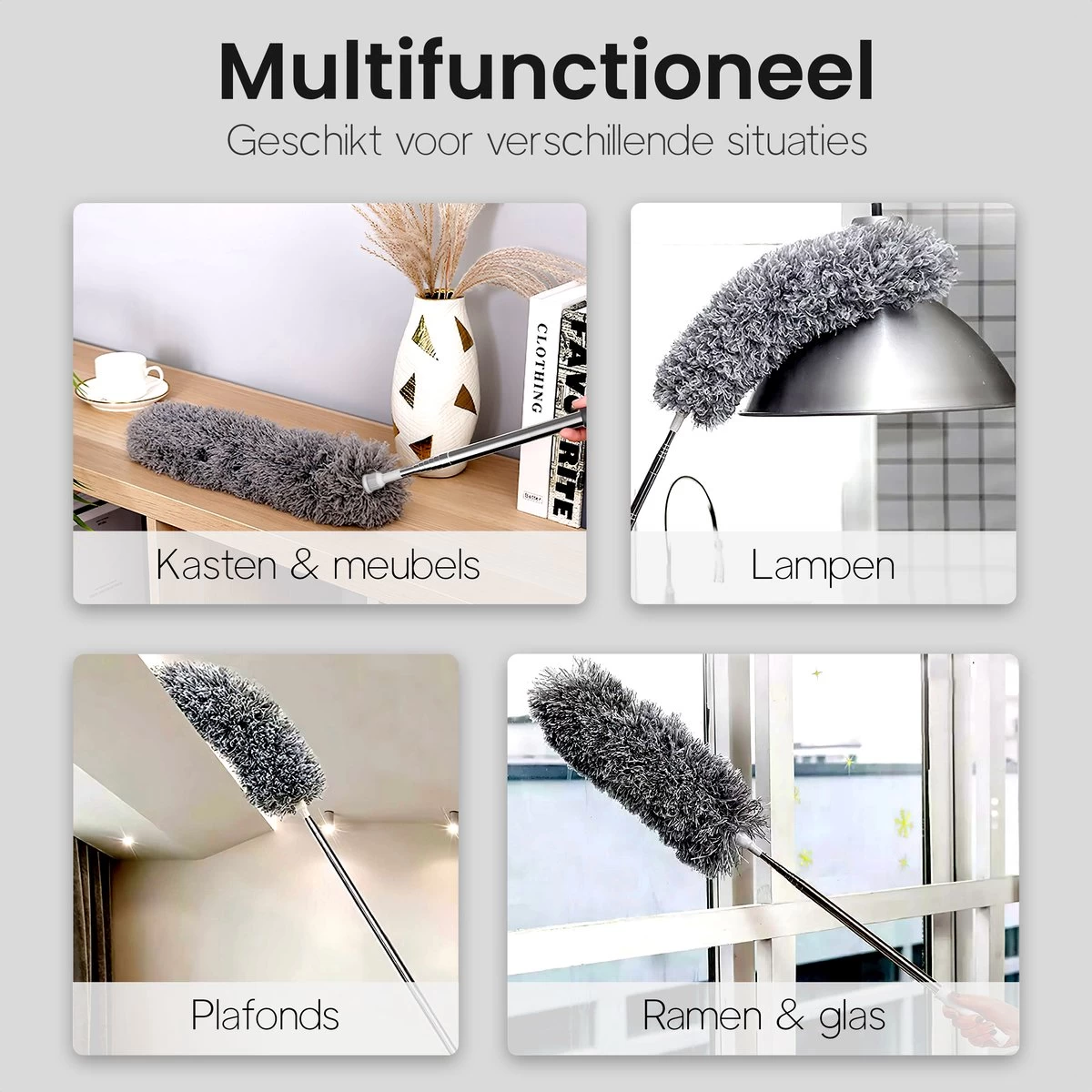 Plumeau Uitschuifbaar Tot 280cm - RVS - Telescopisch - Plumeau Met Telescoopsteel - 360° Flexibel - Afbeelding 2