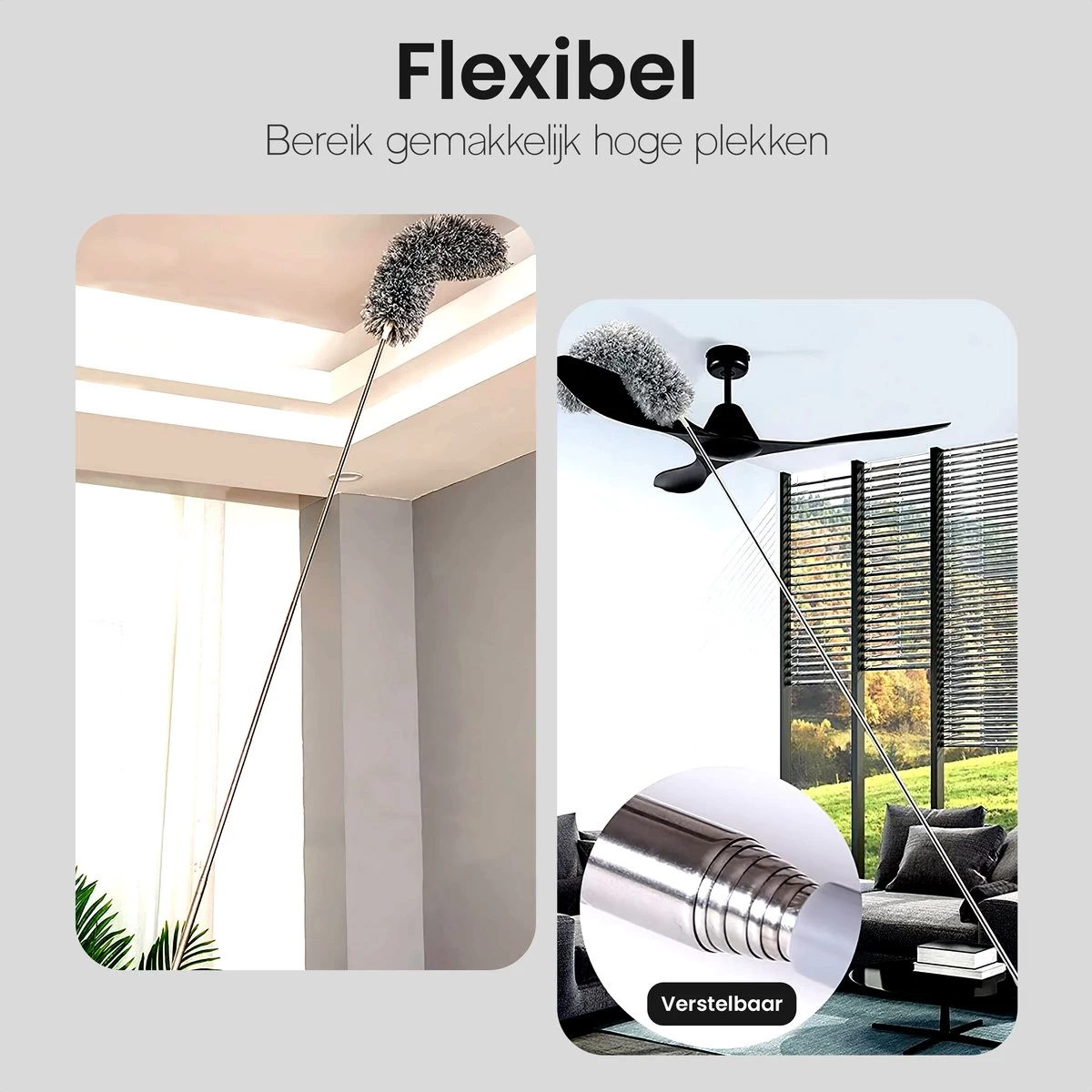 Plumeau Uitschuifbaar Tot 280cm - RVS - Telescopisch - Plumeau Met Telescoopsteel - 360° Flexibel - Afbeelding 7