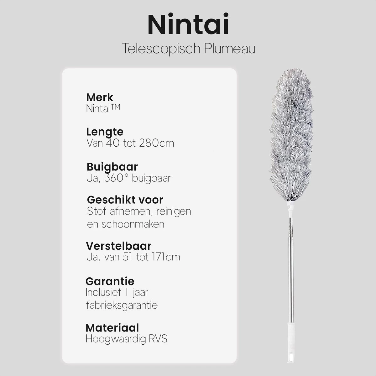Plumeau Uitschuifbaar Tot 280cm - RVS - Telescopisch - Plumeau Met Telescoopsteel - 360° Flexibel - Afbeelding 8