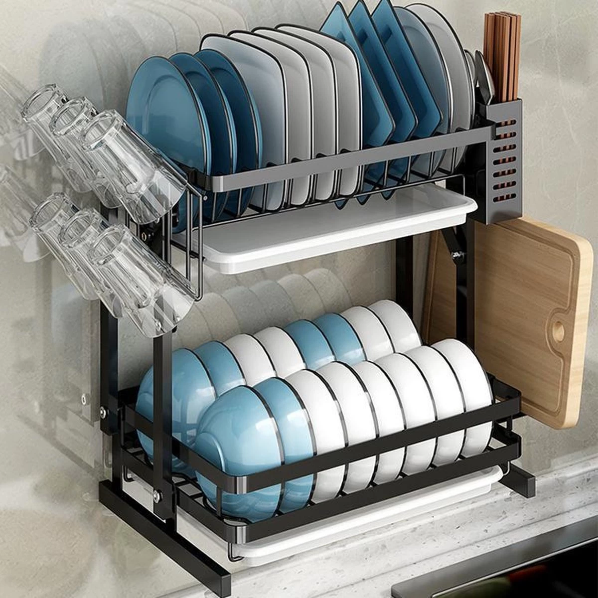 TammaT - Afdruiprek Met Lekbak 2 Laags – Inklapbaar - Afwasrek – Met 2 Lekbakken – Extra Accessories Voor Servies En Snijplanken - RVS - 38x35x26,5cm - Afbeelding 7