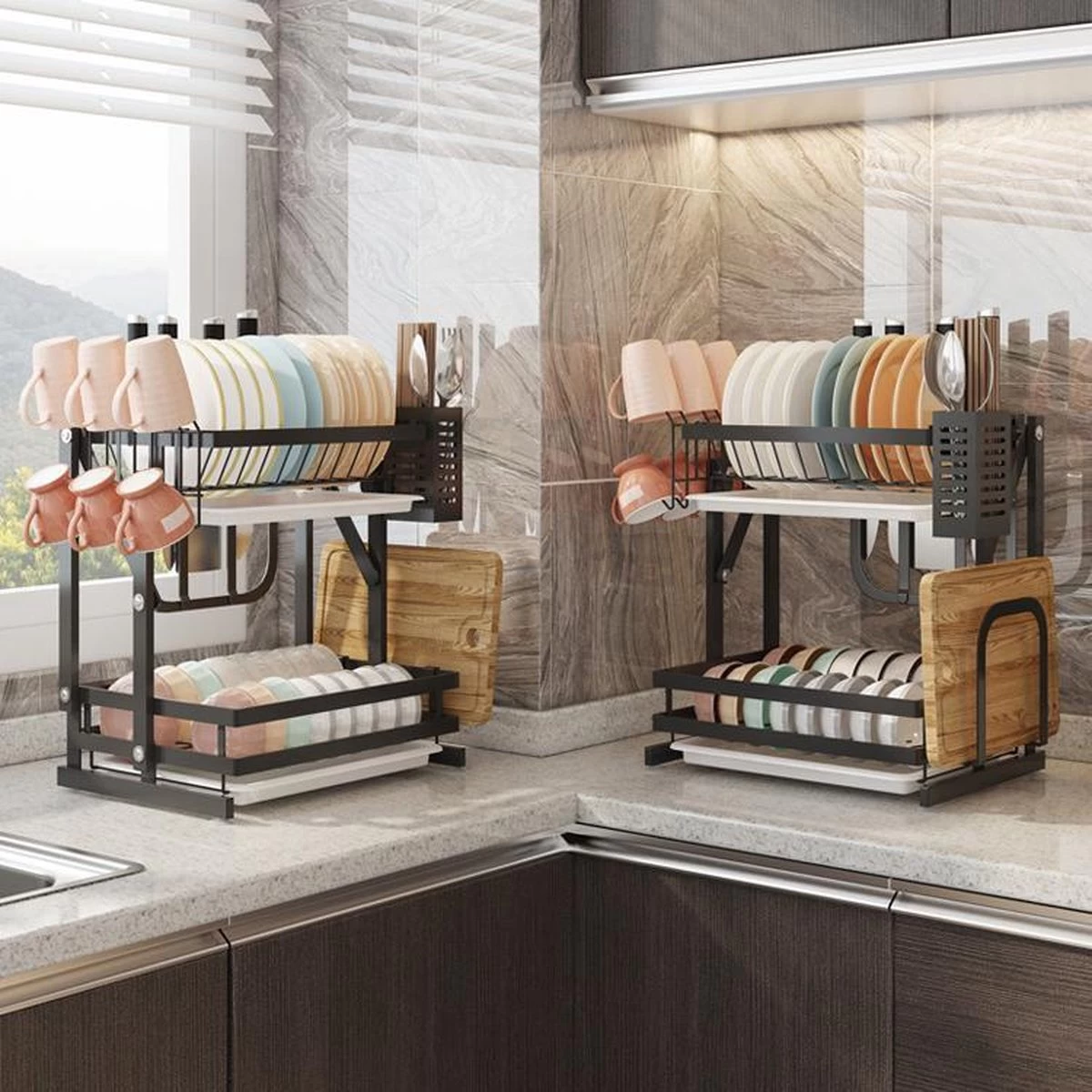 TammaT - Afdruiprek Met Lekbak 2 Laags – Inklapbaar - Afwasrek – Met 2 Lekbakken – Extra Accessories Voor Servies En Snijplanken - RVS - 38x35x26,5cm - Afbeelding 9