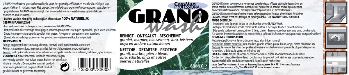 GranoWash REINIGT - ONTKALKT - BESCHERMT Graniet, Marmer, Blauwsteen, Jura, Leisteen, Onyx En Andere Natuurstenen 600g - Afbeelding 2