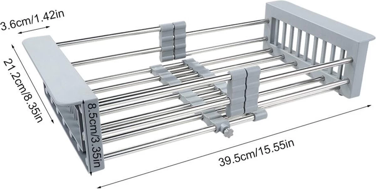 IBright Verstelbare Keukenrek - Gootsteen Mand - Afdruiprek – Vergiet – Verstelbaar In Lengte - Uitschuifbaar - RVS Grijs