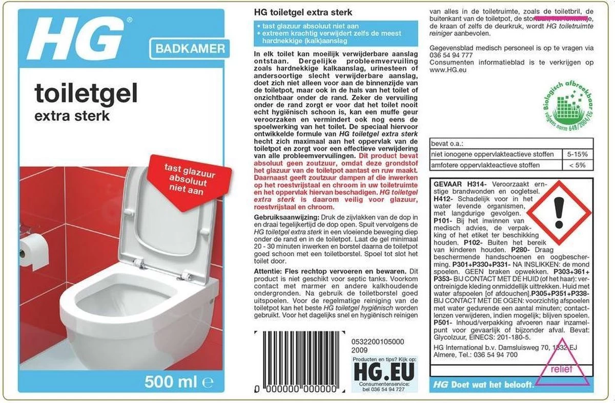 HG Toiletgel Extra Sterk - 500ml - Verwijdert De Hardnekkigste Aanslag - Tast Niet Glazuur, Roestvrijstaal En Chroom Niet Aan - Biologisch Afbreekbaar - Afbeelding 2