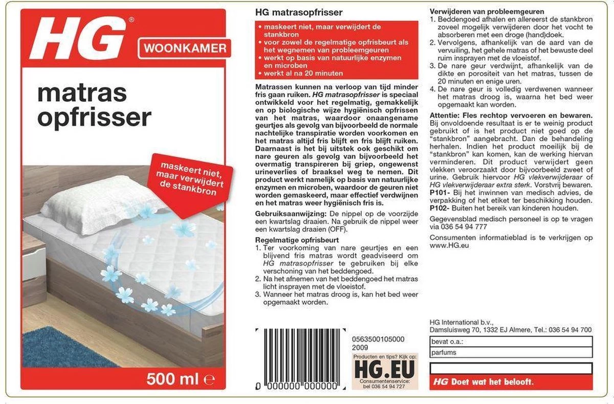 HG Matrasopfrisser - 500ml - Maskeert Niet, Maar Neemt De Bron Weg - Geeft Snel Een Fris Matras - Afbeelding 2