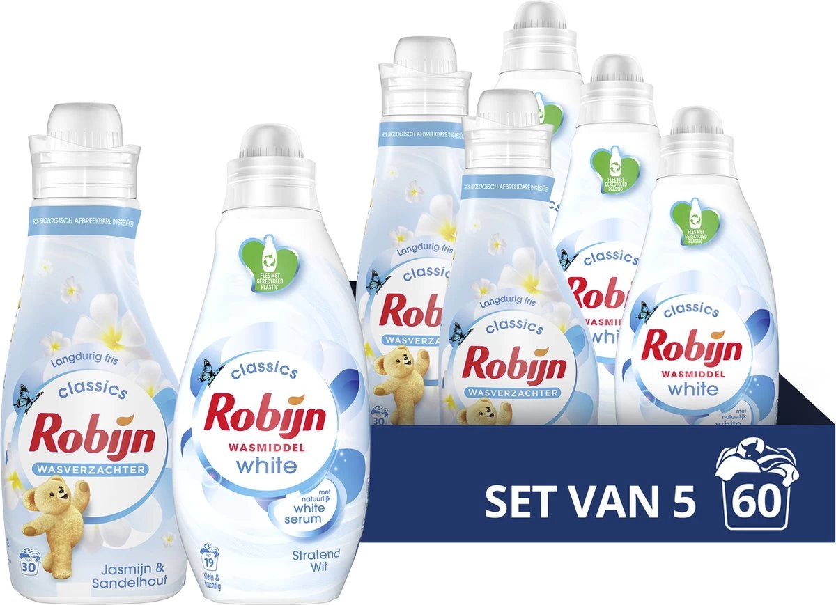 Robijn Perfect Match Stralend Wit En Jasmijn & Sandelhout Wasmiddel En Wasverzachter - 5 Stuks - Voordeelverpakking