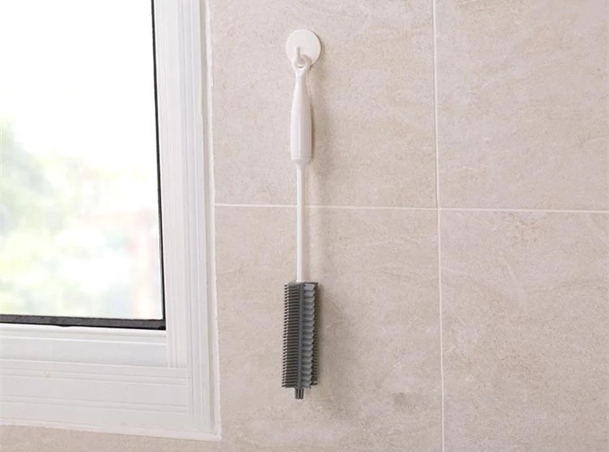 Merkloos Flessenborstel - Siliconen - Schoonmaak - Baby - Bidon - Dopper - Flessen - Reiniger - Wit - Grijs - Glazen - Borstel - Afbeelding 4