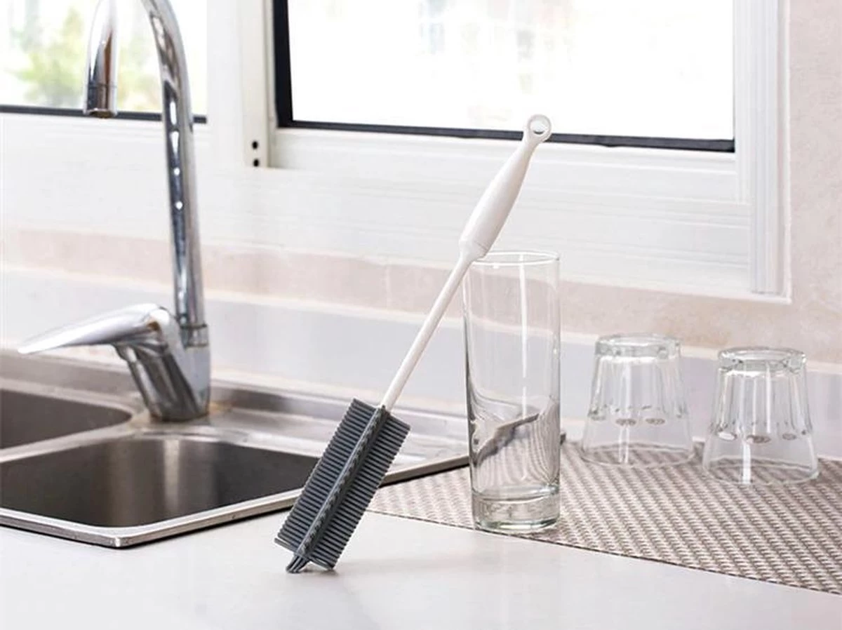 Merkloos Flessenborstel - Siliconen - Schoonmaak - Baby - Bidon - Dopper - Flessen - Reiniger - Wit - Grijs - Glazen - Borstel