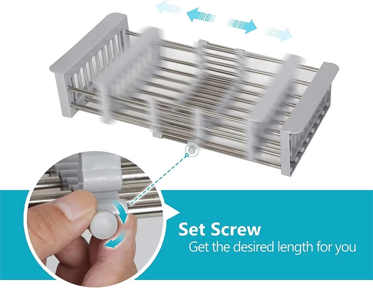 IBright Verstelbare Keukenrek - Gootsteen Mand - Afdruiprek – Vergiet – Verstelbaar In Lengte - Uitschuifbaar - RVS Grijs - Afbeelding 5