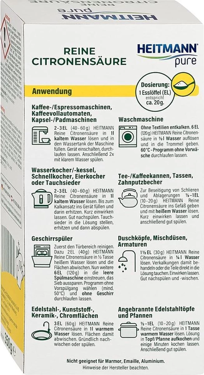 HEITMANN Pure Ontkalker- Citroenzuur Ontkalker, Natuurvriendelijke Kalkreiniger Voor Een Hygiënische Reiniging - Poeder, 1x 350 G - Afbeelding 5