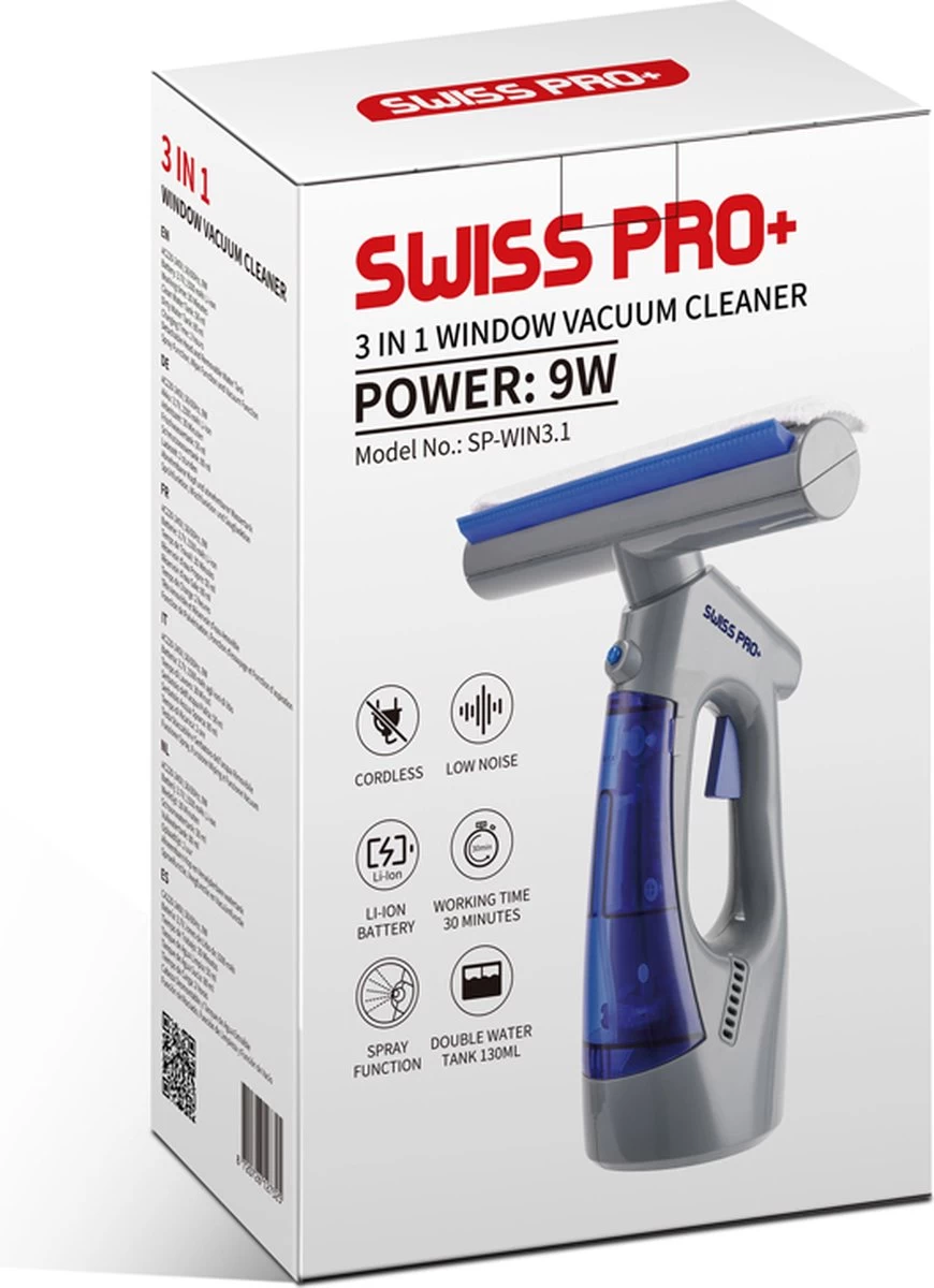Swiss Pro+ Ruitenreiniger 3 In 1 WV 2 Blue Edition Window Vac - Ca. 120 M² - Waterzuiger - Incl. Smalle Zuigmond - Oplaadbaar - Raamwisser - Streeploos - Clicksystem - 2 Microvezeldoekjes - Met Sprayfunctie - Low Noise - Hepafilter - Afbeelding 6