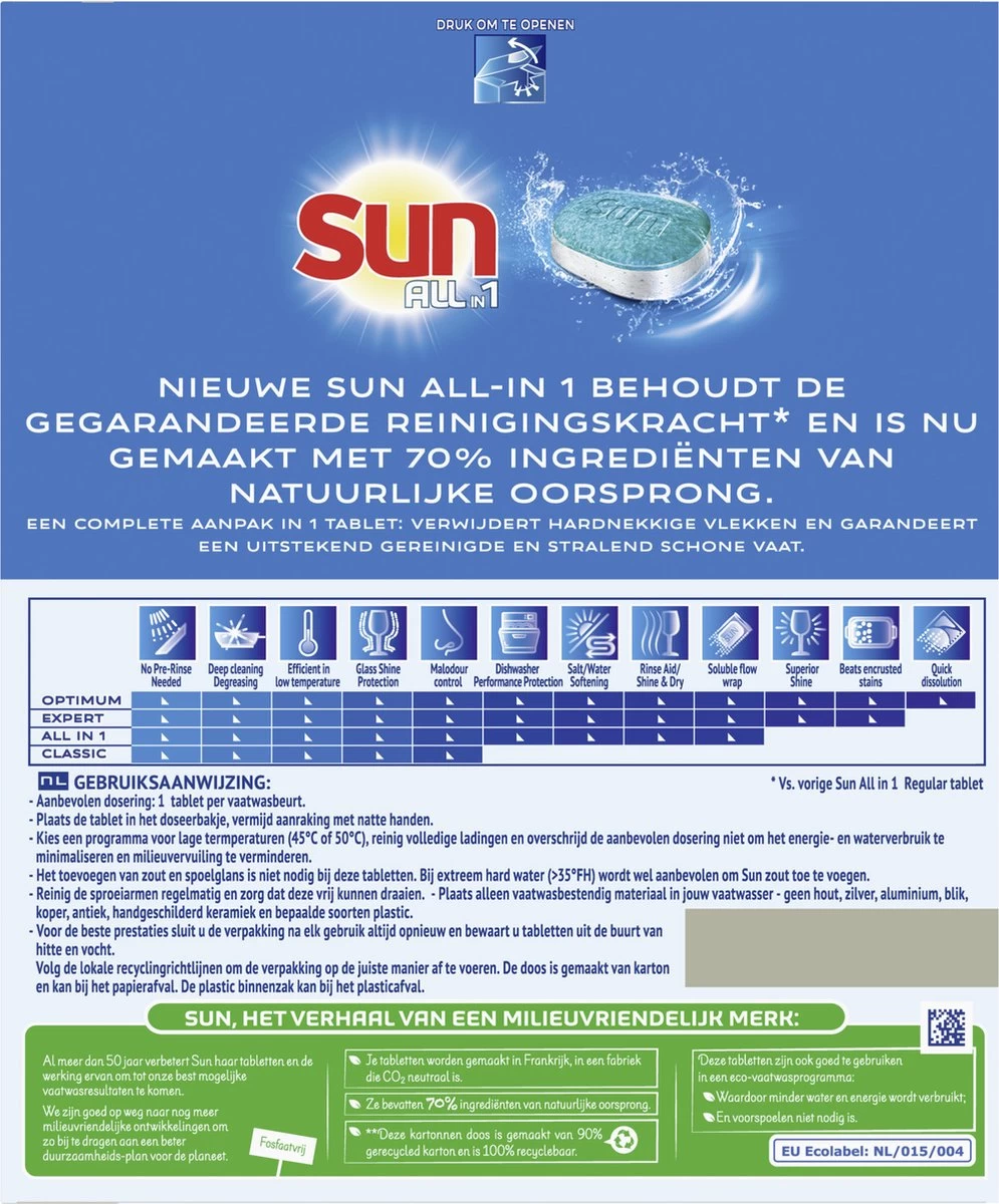 SUN® Sun All-in 1 Normaal Vaatwastabletten - 62 Tabletten - Voordeelverpakking - Afbeelding 2